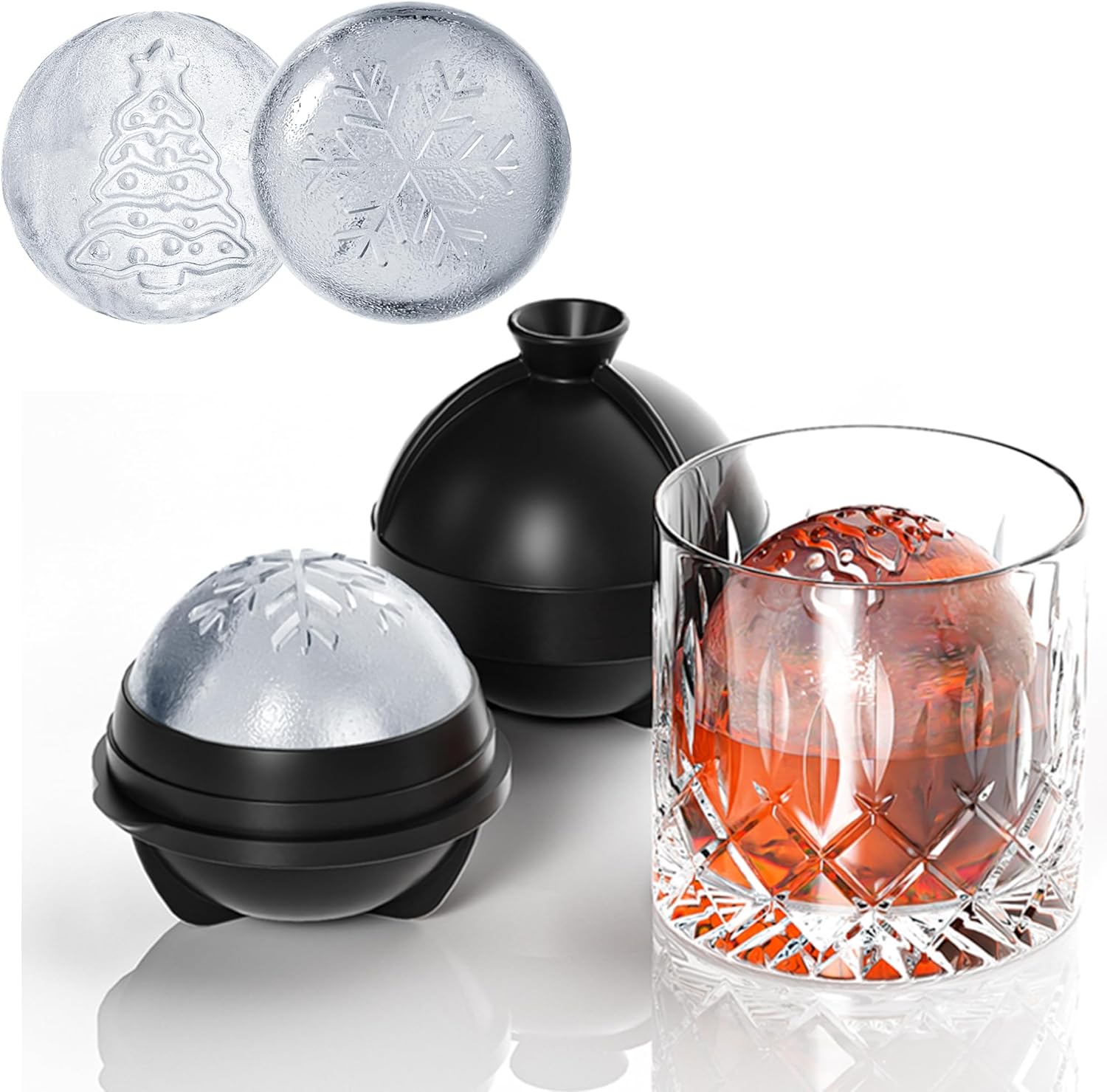 Christmas Snowflake Tree Ice Cube Molds - Round Ice Molds for Cocktails & More (Set of 2)